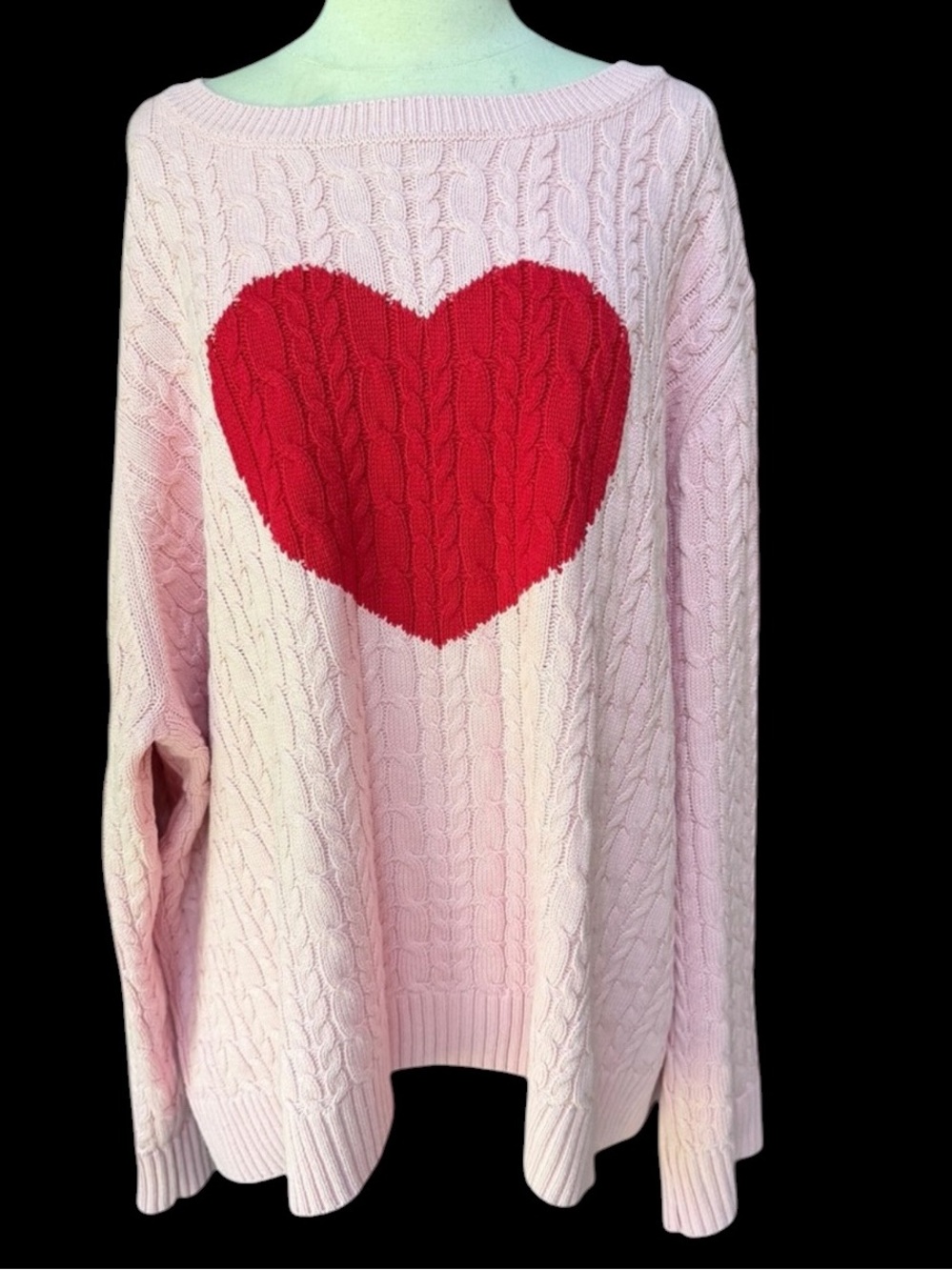 NWOT St. John’s Bay Baby Pink Vertical Cable-Knit w/Vibrant Red Heart Sweater